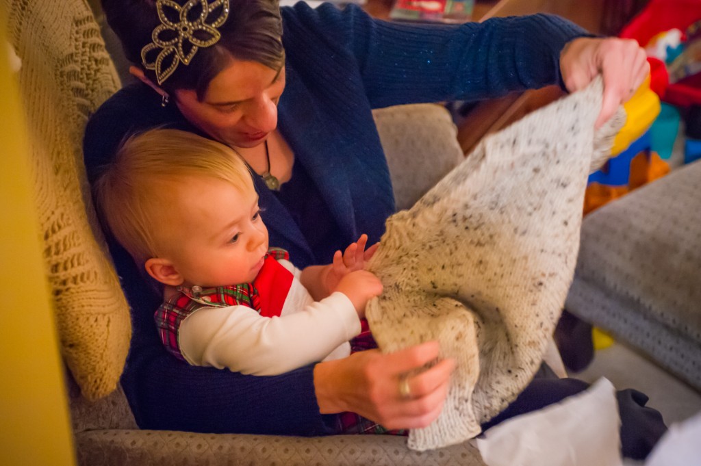 First present ever and it's… a sweater. It's okay, though, because it's a super cute, handmade sweater! Thanks Lois!!